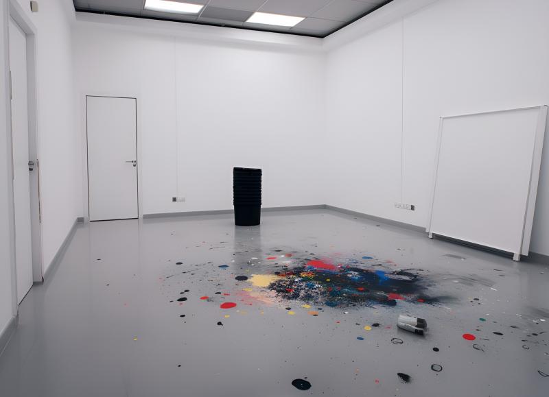 Raum mit weißen wänden und grauem Boden. In der Mitte des Raumes ist eine Installation aus verschiedenen Farben zu sehen.
