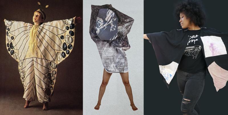 Composite image of three people dressing up: a child posing in a hand-made butterfly costume, a woman wearing a printed bag-like garment that covers her head, and a woman wearing a decorated fashion cape.