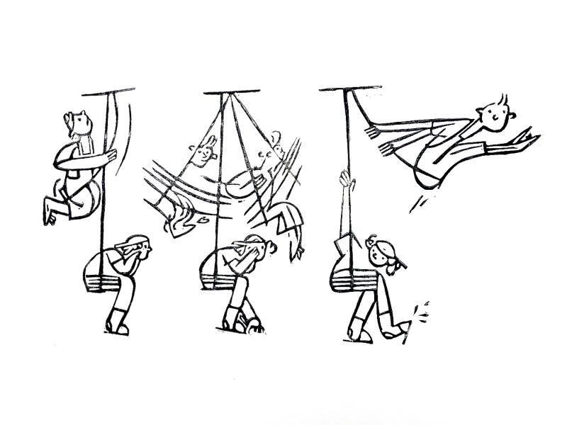 Illustration from the zine with two boys on a swing, one is sitting and the other try to swing faster and faster