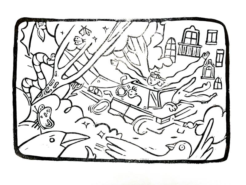 Black and white linocut illustration from 'Playground Talk' zine. It depicts children who imagine how they can use a car and go from city to forest. They drive with dog and there are other species around: crow, pigeon, bat, worm, butterfly, old Odesa building