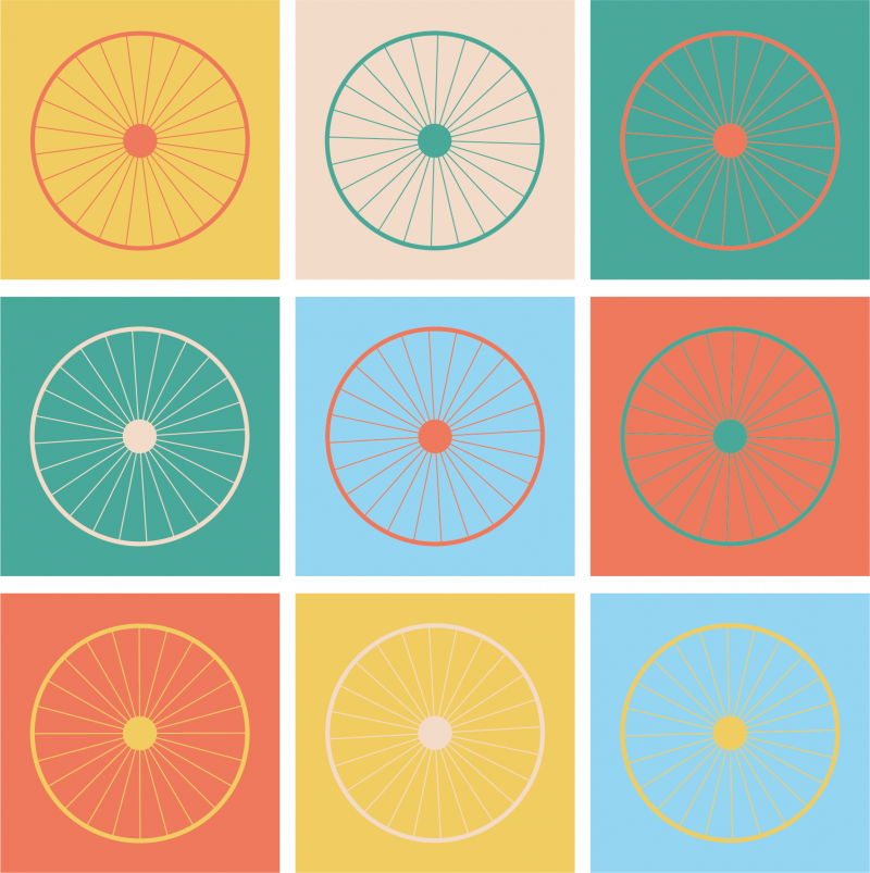Auf neun quadratischen Feldern sieht man je eine einfach dargestellt weiße Fahrradfelge auf je anderem einfarbigen Hintergrund. 