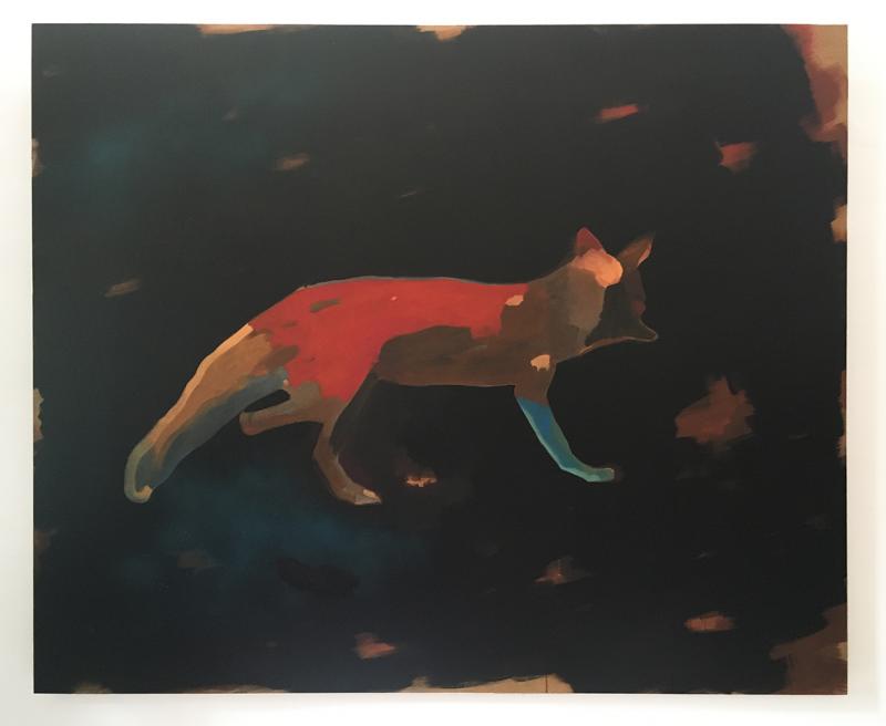 Fox, Acryl, Gouache, Sprühlack und Schellack auf HDF. Entstehungsjahr: 2022. 150 x 180 x 1,9 cm