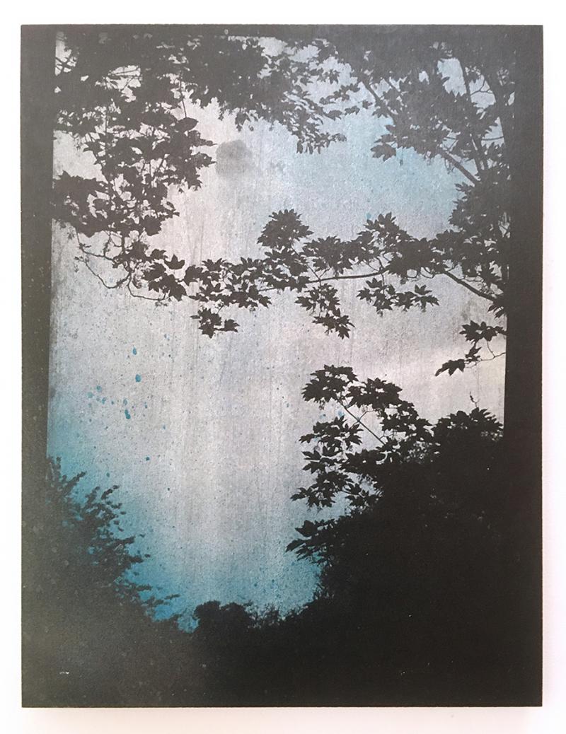 A level to the sea, Risographieprint, Sprühlack und Schellack auf schwarzem MDF