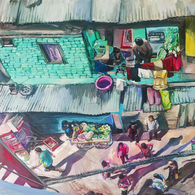 HOLI XX3 painting depicting a street scene in Delhi during the Holi festival