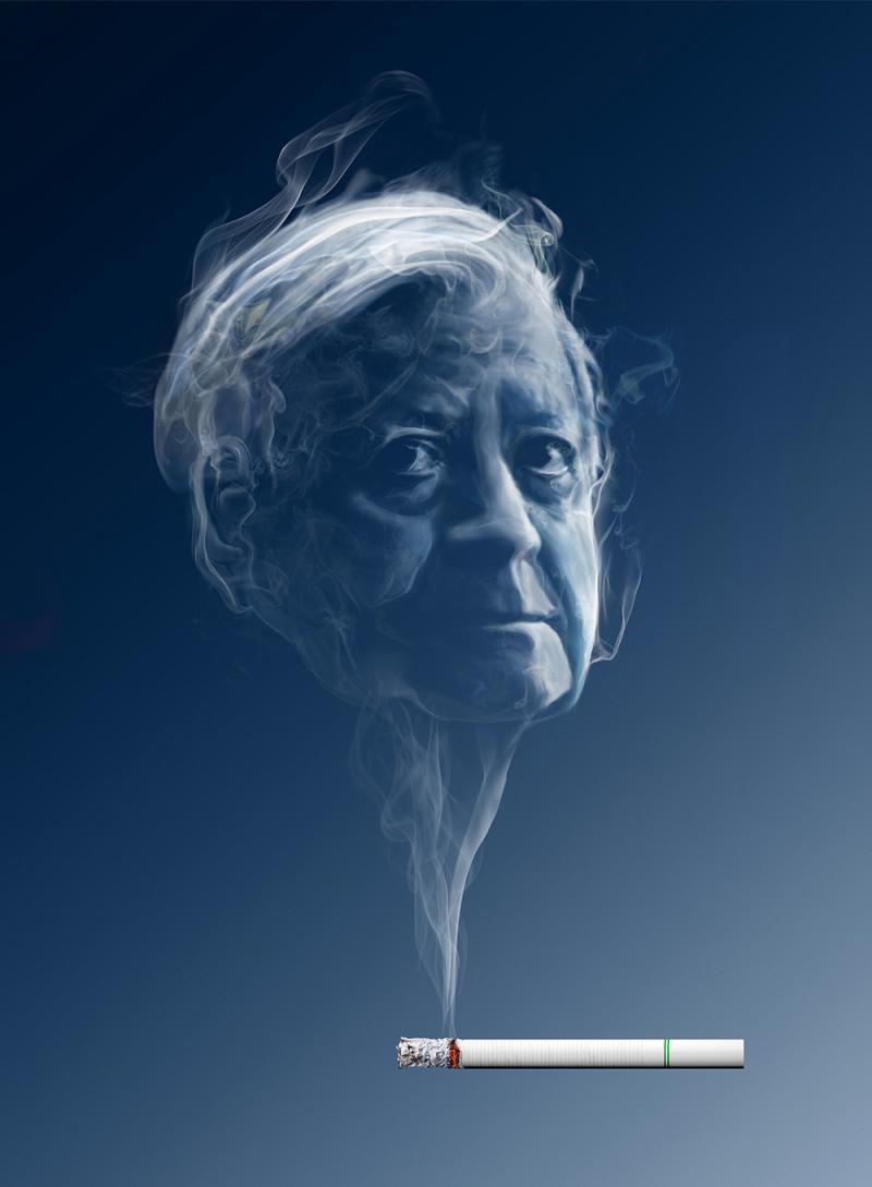 Das Gesicht des Altkanzlers helmut Schmidt, bekannt als Kettenraucher, aus Rauch digital zusammengesetzt.