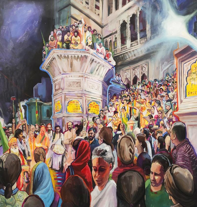 YAMUNA-GHAT-painting depicting a procession on Delhi streets during the Holi festival