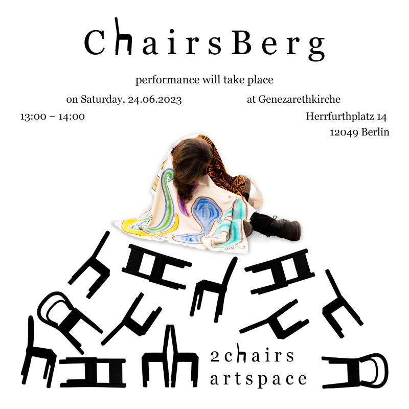 A landscape of chairs shapes a hill with performer on the top