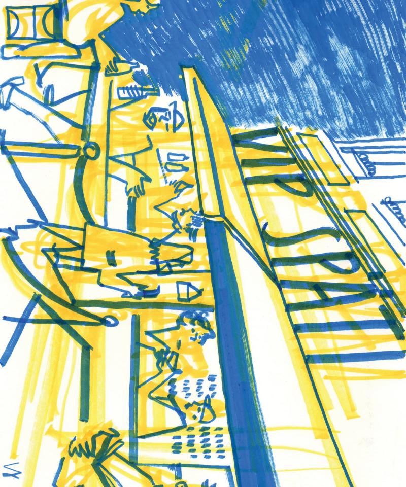 It is a hand-drawing done in blue and yellow lines. It depicts entrance to the Späti. In front a group of people to be seen - on the right hand side a couple is drinking a beer, in the center a person is entering the shop, on the left hand side a person is reading a book. The title of the place is VIP Späti.