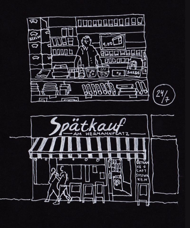 It is a hand-drawing done in blue and yellow lines. It consists of two images. On top is an interior space of the Späti with the seller in the center. At the bottom - the entrance to Späti with the front advertisement to be seen.