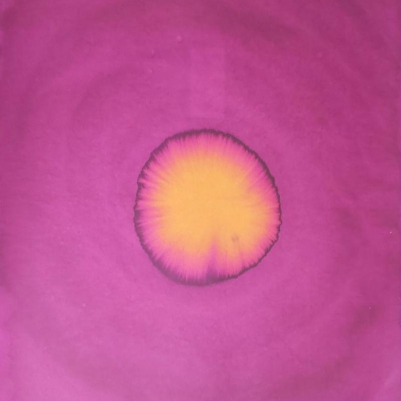ink painting, yellow circle on red background
