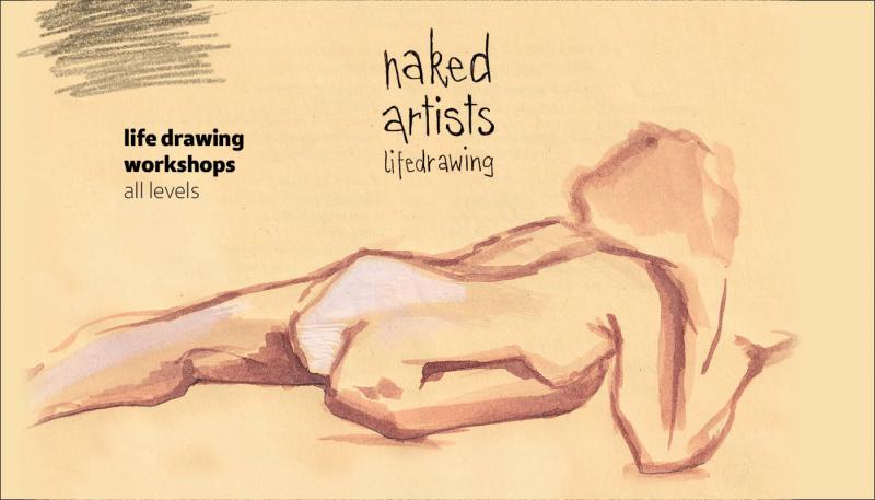 Das Bild zeigt eine Aktzeichnung auf Papier, den Text: life drawing workshops - all levels und das Logo der Naked Artists