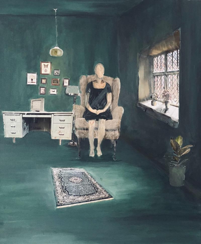 Collage - Mixed media - Acryl -Ein Geist sitzt auf einem Sessel neben einem Fenster, das in der Dunkelheit leuchtet.