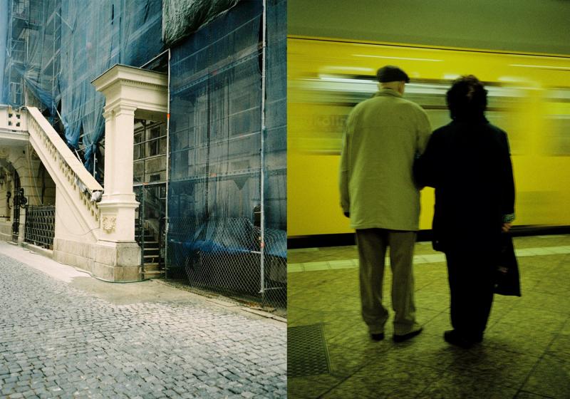 A dyptich of two photographs: on the left side an ancient white column sticking out a construction side covered in blue fabric. On the right side an elderly couple from behind. In front of them a moving yellow subway. 