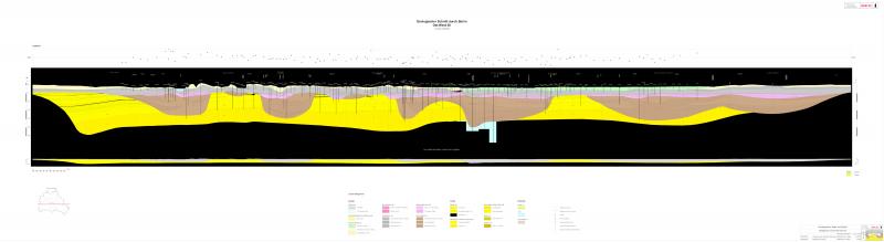 Geologischer Schnitt Ost-West Nummer 20 von Berlin. Hier sind die Sedimente des Quartärs und Tertiärs von der Geländeoberkante bis zum Rupelton dargestellt.