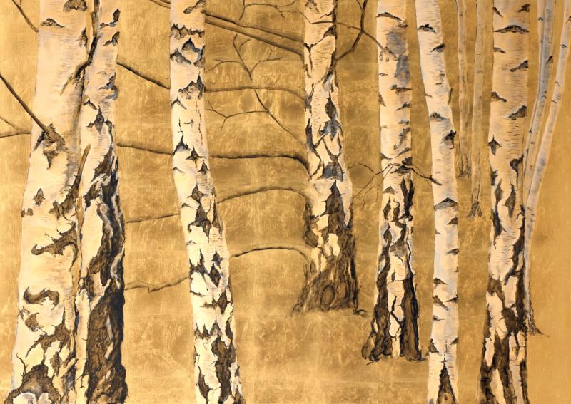 Gemälde von Birken auf Gold Hintergrund 