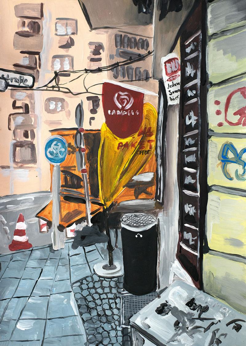 Malerei von einer Hausecke, eine Eingangstür zu einem Bäcker, Mülleimer, DHL Schild und ein Lastwagen vor der Tür