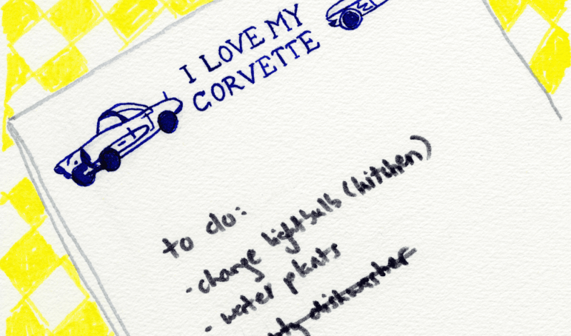 Bunte Filzstiftzeichnung eines Notizblocks mit "I love my Corvette"-Aufdruck und handschriftlicher to-do-Liste.