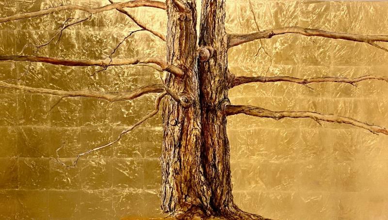 Gemälde einer Kiefer auf Gold Hintergrund