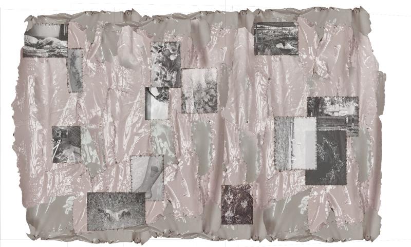 Visualizationof of a pattern in the fabric with photographic prints and other interventions.