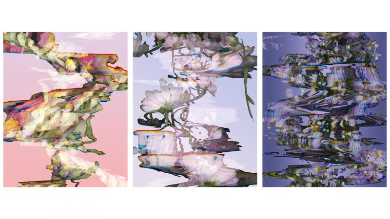 Drei Collagen, mit unterschiedlichen Blumen und Farbpaletten