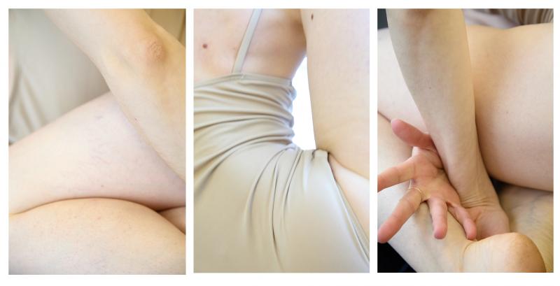 Three close ups of a dancer's intertwined body 