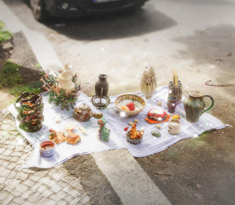 A photo of picnic in a parking space. Various ceramic works of art and food are placed on a blanket between two cars.