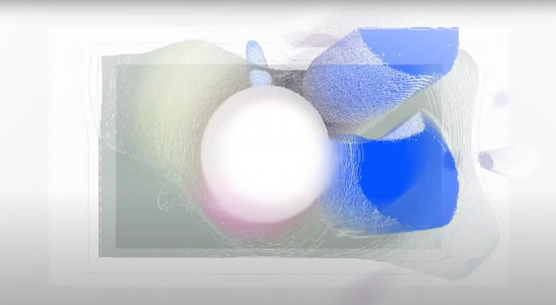 abstrahierte und deformierte Grafiken auf weißem Hintergrund, eine hellgrüne Fläche, auf der ein hellrosa Kreis und blaue Formen liegen.