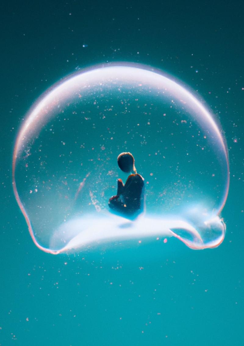 a realistic digital drawing of a person meditating inside a floating bubble