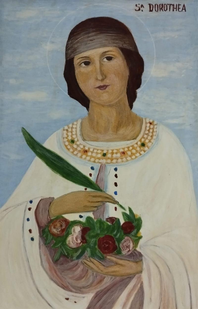 Santa Dorothea is the patroness of, among others, young married couples, gardeners, botanists, and miners. Linden, levkas, tempera..
