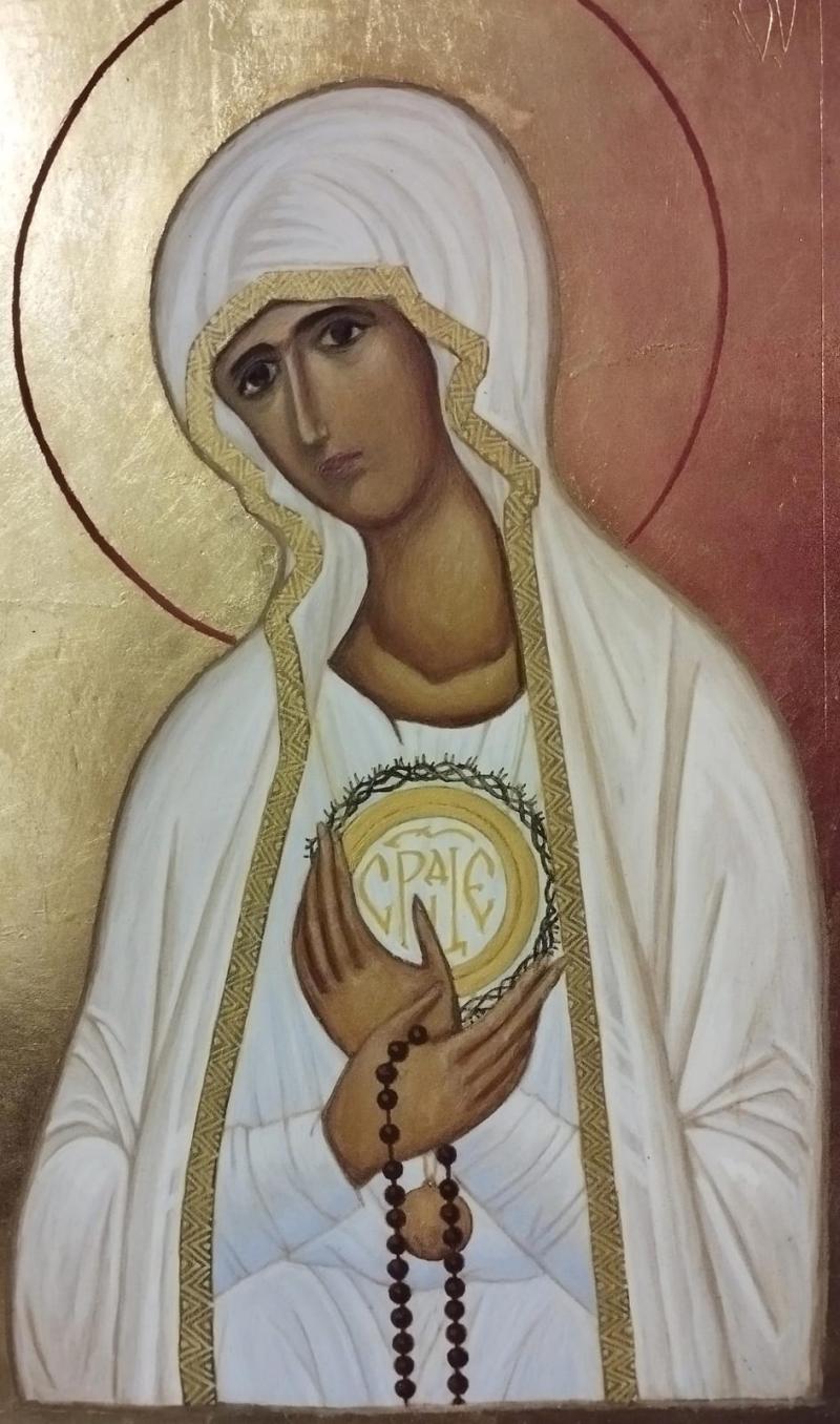 Our Lady of Fatima encourages reflection, patience and prayer. Linden, levkas, tempera, metal.