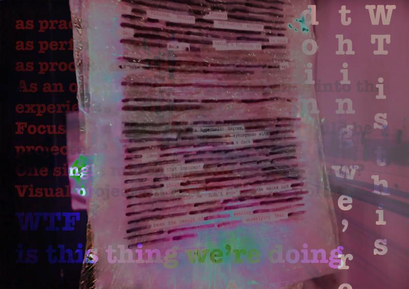 a pink toned image shows a bundle of pages of text with blocks of text blacked out leaving a black out poem - digitally overlaid with text