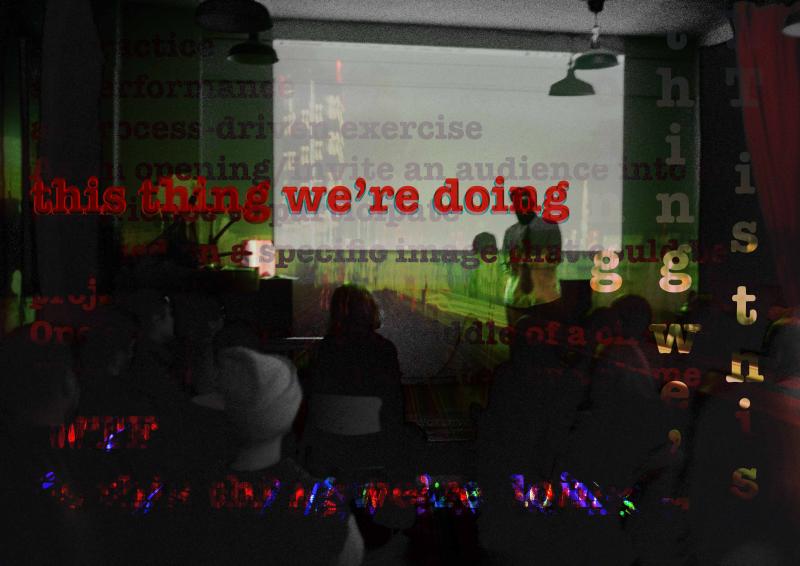 multilayered image shows a performance in front of a projection screen blended with a blurry cityscape and overlaid text