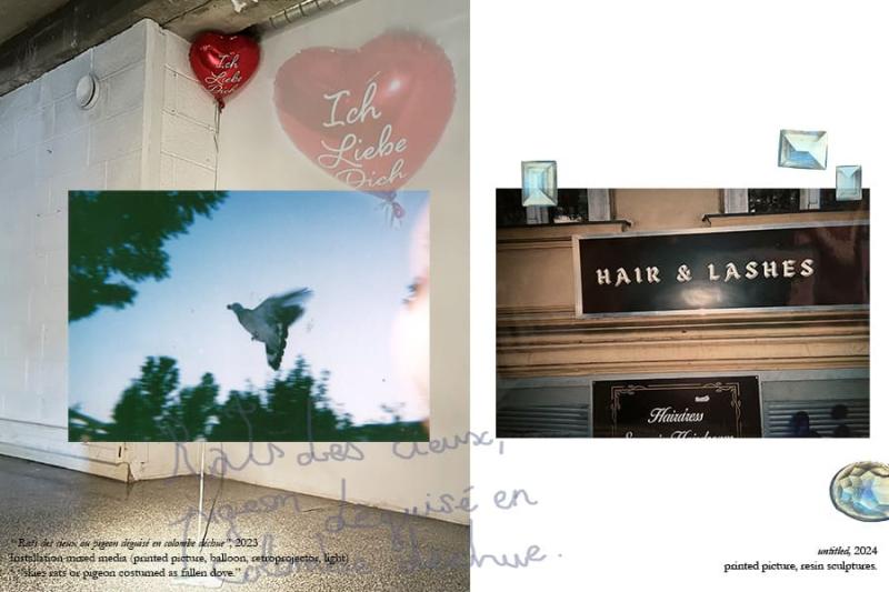 Installation (Printed picture, balloon, retroprojector, negative of the picture.) / printed picture and resin elements 