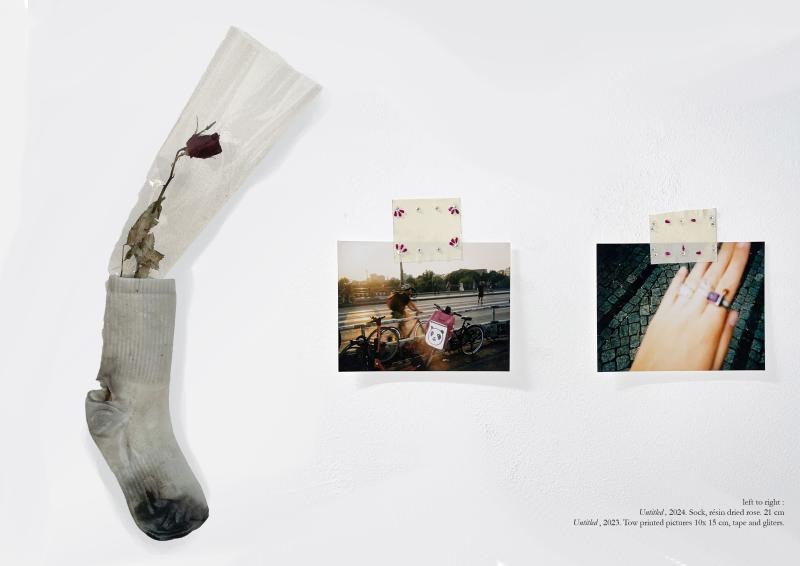 sculpture (sock, resin, dried rose), serie of two pictures, tape and glitters,2024.