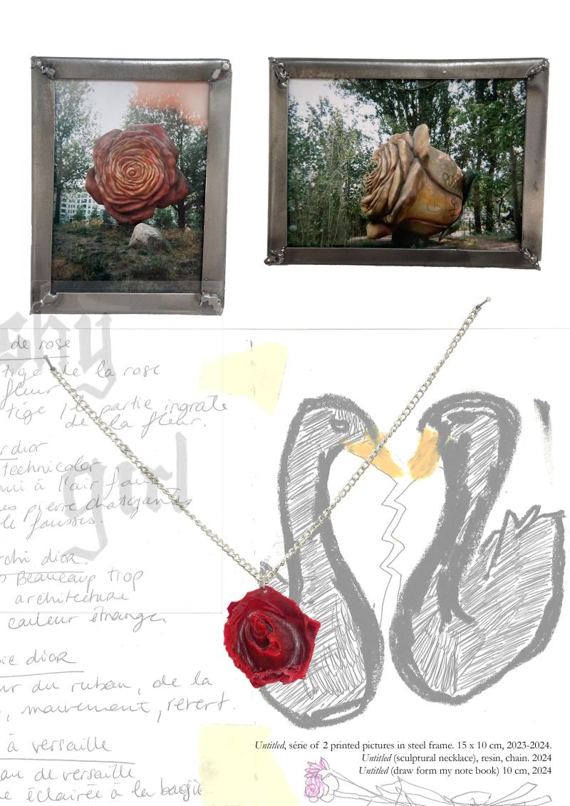 Samples from a note book, series of two pictures, steel frame, and sculptural necklace, 2023-2024