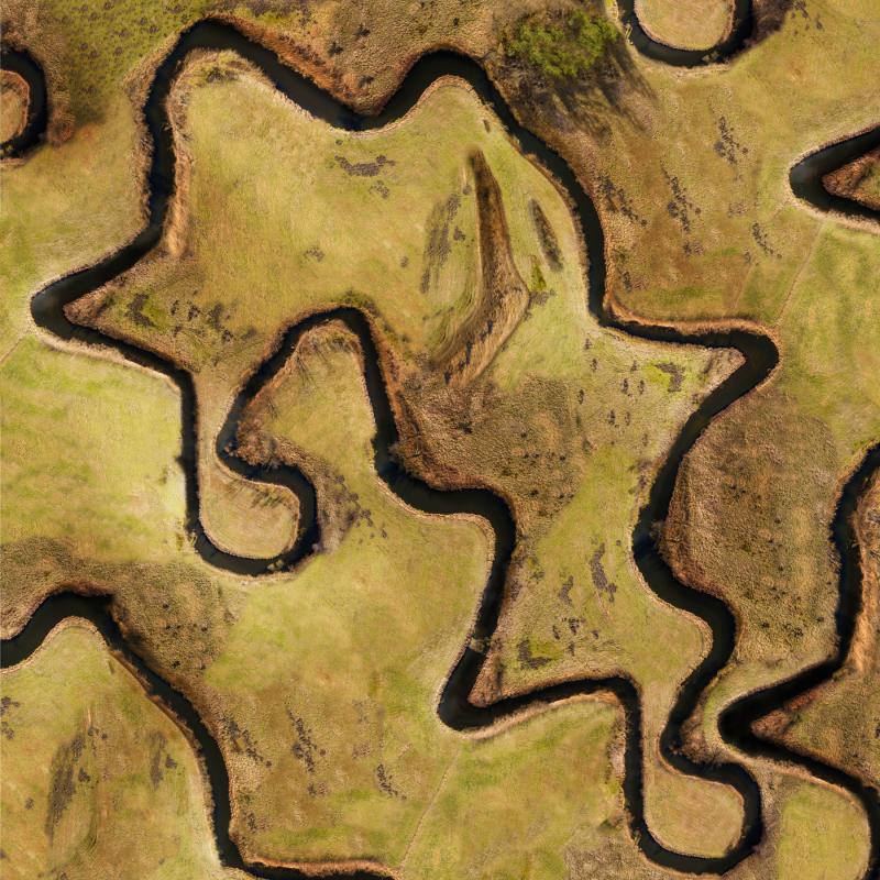 Das Bild zeigt eine Fotocollage der Havel, in der sich der Fluss in geschwungenen Bögen kreisförmig durch eine Landschaft bewegt. Die natürliche Umgebung besteht aus grünen Wiesen und braunen Uferbereichen mit natürlichen Vegetationsstrukturen. Die Wasserläufe wirken organisch, fast wie Puzzleteile, die sich zu einem Muster zusammensetzen. Durch die künstlerische Bearbeitung entsteht eine surreale, beinahe labyrinthartige Ansicht der Flusslandschaft.