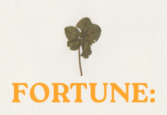 Ein gepresstes 5-blättriges Kleeblatt auf cremefarbigen Papier, darunter ein Schriftzug in gelb: FORTUNE: