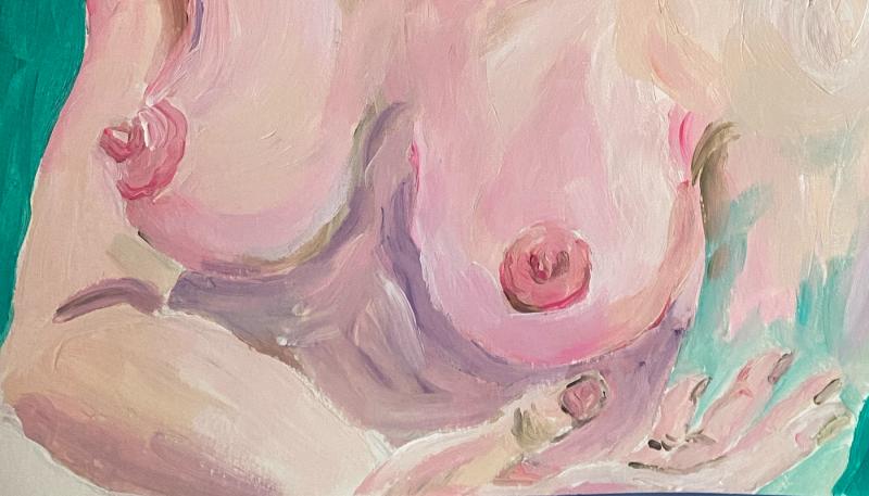 Ausschnitt einer Acryl-Malerei, die die nackten Brüste einer Frau sowie einen Teil der Arme und der rechten Hand zeigt. 