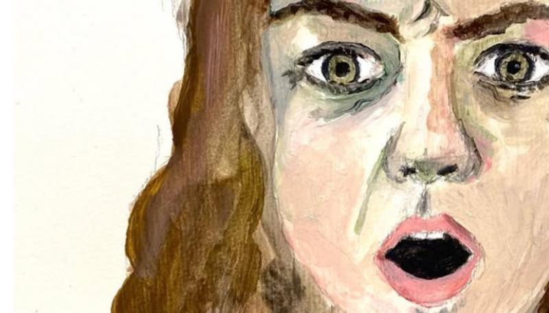 Ausschnitt einer Aquarell-Malerei, die das Gesichts einer Person mit erschrockenem Blick und geöffnetem Mund zeigt.  