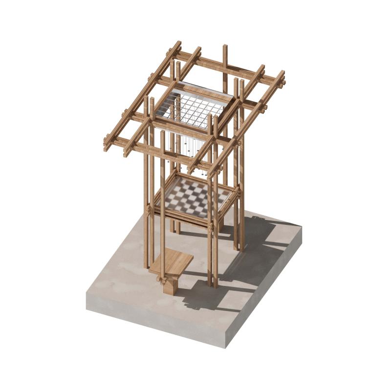 Isometric view of the "Witnessed Theories" installation, a lightweight wooden pavilion featuring a suspended kinetic system above a chessboard-like structure.