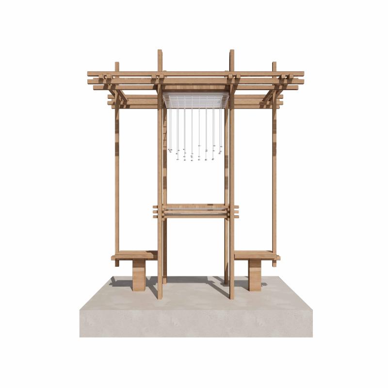  Front elevation of the "Witnessed Theories" installation, displaying the wooden framework, seating arrangement, and suspended system that visualizes AI decision-making.