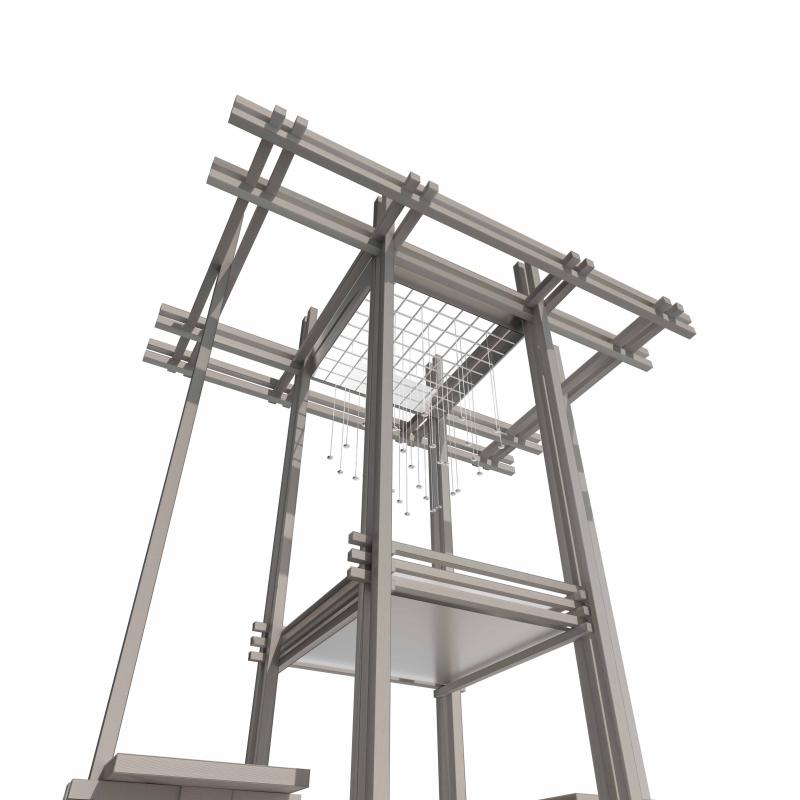 Low-angle perspective of the "Witnessed Theories" installation, highlighting its wooden framework and suspended kinetic system. The image emphasizes the structural composition and interactive elements.