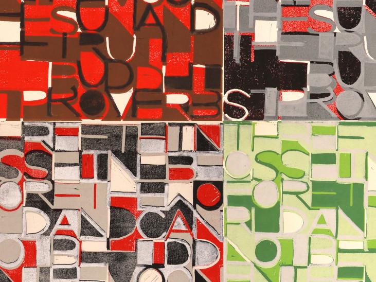 Ausschnitte von vier Linoldrucken, Buchstaben schachbrettartig und bunt miteinander verwoben