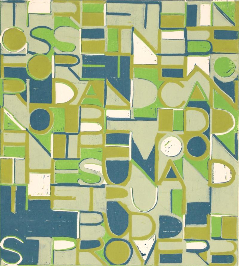 Linoldruck "Three Things" , Buchstaben in Grün, Grau und Blau, schachbrettartig verwoben, Zitat