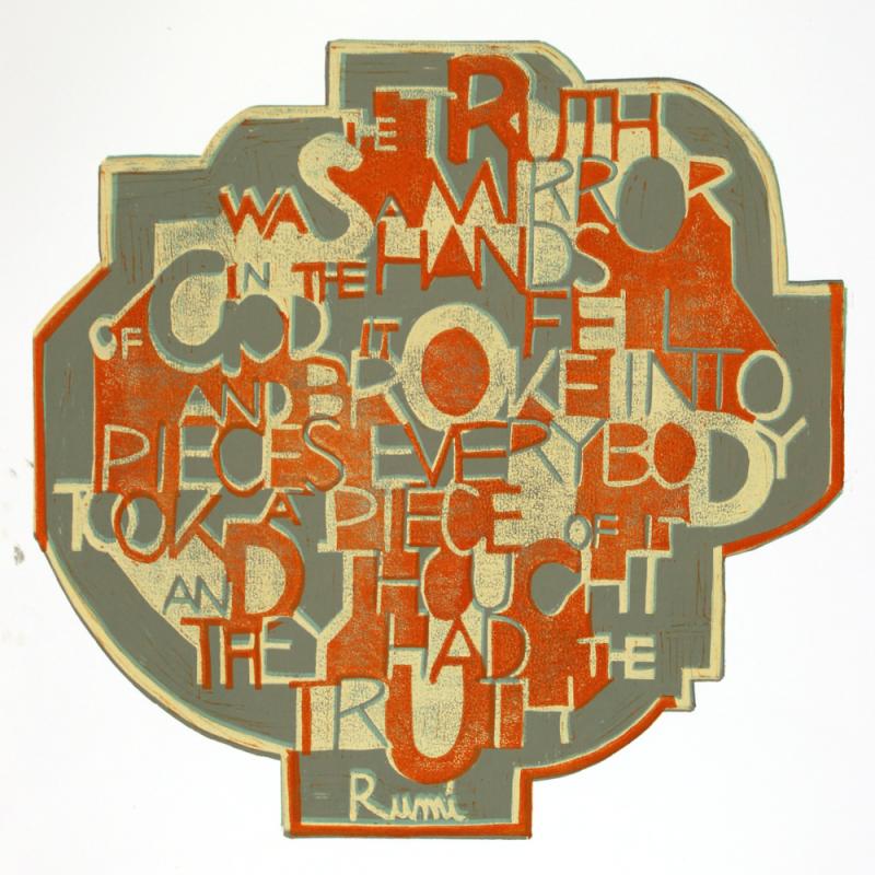 Linoldruck, Buchstaben in Orange und Grau, Zitat von Rumi