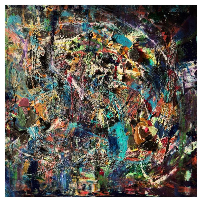 Portrait of Consciousness doubting its own Existence III: A square 50x50 cm abstract painting which is made with acrylic colours, sand, and small stones.