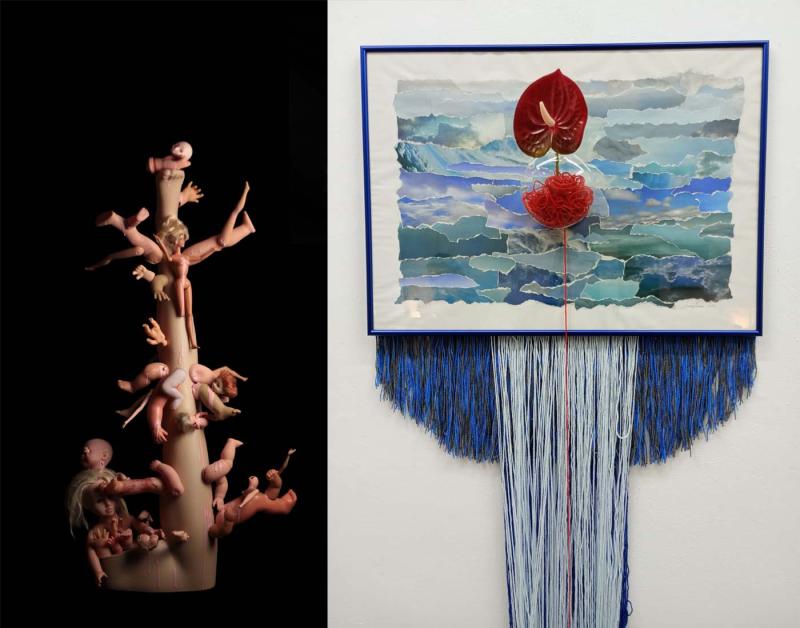The Doll Tree: Doll Sculpture, 1m tall; Varuna without origins: Collage, glass mural, textiles(engages with the birth and glory of Saturn, drawing inspiration from the violent and bloodstained origin of Venus.)