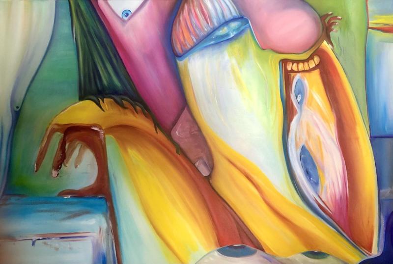 color oil painting on canvas; figurative, abstract with realistic elements; gives a drifting of the eye effect