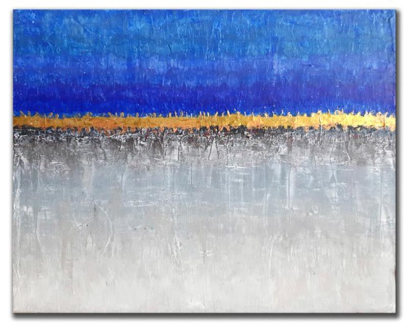 Das gemalte Bild ist im Querfomat in drei Farben unterteilt. Oben ist auf dem Bild zu einem drittel blau zu sehen, darunter unterteilt ein goldener ausgefranzter Strich das Bild. Darunter ist ein silberner Bereich zu sehen, der das Bild zu zwei dritteln ausfüllt. 