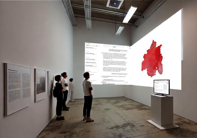 A render of the video projection showcasing the watercolor paintings video and digital symptom search results